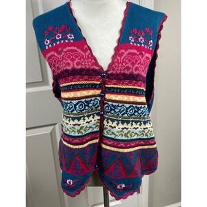 GW Colorful Knit Sweater Vest Aztec Embroidered Button Front Grandma Core Boho L